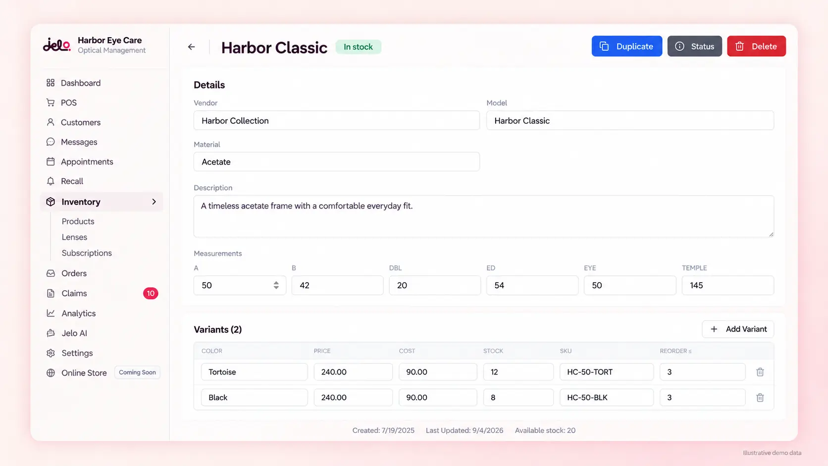 Jelo illustrative demo: frame details with measurements, color variants, stock and reorder levels