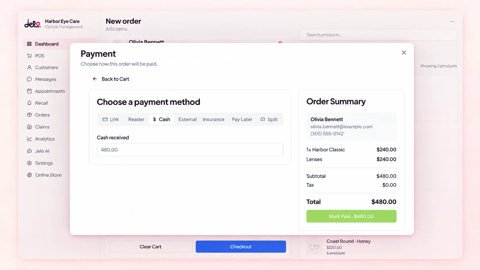 Jelo illustrative demo: cash payment entry beside an optical order summary