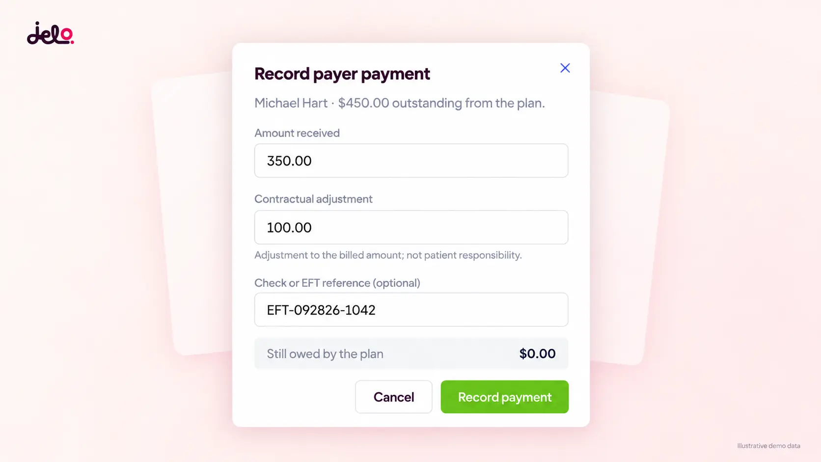 Jelo illustrative demo: payer payment form with received amount, contractual adjustment and remaining balance