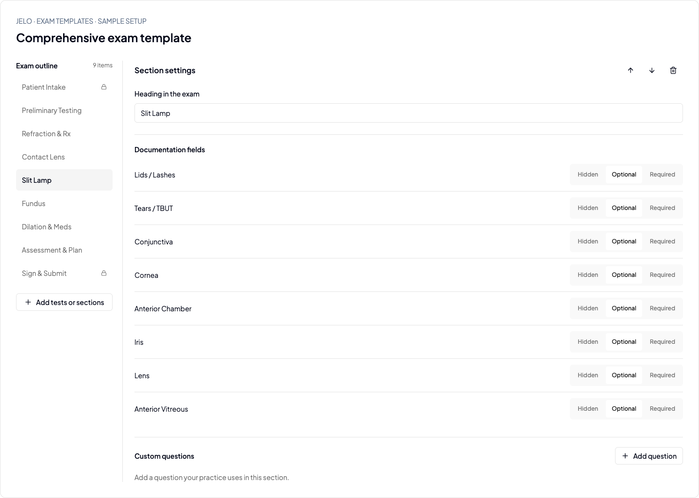 Jelo exam template editor showing an exam outline and customizable documentation fields with sample setup
